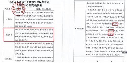 2018年11月1日，中央第三生態(tài)環(huán)境保護督察組進駐山東省開展&ldquo;回頭看&rdquo;。通過對相關(guān)部門走訪問詢，并抽查有關(guān)企業(yè)，發(fā)現(xiàn)山東省物流運輸企業(yè)違規(guī)使用普通柴油或其他高硫分燃油問題依然十分突出，柴油貨車尾氣污染嚴重。  一、基本情況  《大氣污染防治法》明確，禁止向汽車和摩托車銷售普通柴油以及其他非機動車用燃料。第一輪中央環(huán)保督察反饋指出，山東省以普通柴油替代車用柴油的情況較多，濱州等地市大量物流運輸企業(yè)違規(guī)使用普通柴油，尾氣污染問題突出。  為此，山東省整改方案要求，杜絕違規(guī)使用普通柴油的情況，并明確由原省工商局負責部署推進相應(yīng)整改工作。原省工商局于2018年8月1日上報山東省環(huán)境保護督察反饋意見整改工作領(lǐng)導(dǎo)小組，聲稱該問題完成整改并銷號。  二、主要問題  督察發(fā)現(xiàn)，原山東省工商局作為整改責任主體沒有認真履行整改職責，未就整改工作進行部署推進，整改任務(wù)目標完全落空，全省物流運輸企業(yè)違規(guī)使用普通柴油或高硫分燃油問題依然普遍存在。  （一）違規(guī)售油無人管。督察組抽查3個地市的4家煉化公司，發(fā)現(xiàn)這些煉化公司違規(guī)大量向物流運輸企業(yè)銷售普通柴油或其他高硫分燃油，導(dǎo)致這些柴油大量替代車用柴油使用，污染嚴重。2018年，東營齊潤化工有限公司將3萬余噸硫含量近2000mg/kg的常壓柴油售給物流運輸企業(yè)和加油站，墾利石化有限公司也將3萬余噸硫含量2000-3000mg/kg的燃油售給相關(guān)物流運輸企業(yè)和加油站，硫含量最高超標約300倍。2017年中央環(huán)保督察以來，山東匯豐石化集團有限公司將近40萬噸普通柴油銷往多家物流運輸企業(yè)，濰坊市昌邑石化有限公司將5萬余噸國Ⅳ和國Ⅴ的普通柴油售給物流運輸企業(yè)。現(xiàn)場抽查發(fā)現(xiàn)，物流運輸企業(yè)多數(shù)在自身停車場內(nèi)私自安裝加油裝置，將所購違規(guī)油品自用，昌邑市盛宏物流有限公司甚至違法轉(zhuǎn)售其他社會車輛。   圖1 昌邑市盛宏物流有限公司在停車場內(nèi)私設(shè)加油裝置  （二）督察整改做樣子。原省工商局作為督察整改的責任主體，接受任務(wù)時服從安排，實際整改時做做樣子。督察反饋明確指出問題主要是煉化公司違法向物流運輸企業(yè)銷售普通柴油替代車用柴油使用，導(dǎo)致汽車尾氣污染。但原省工商局等部門整改時僅部署對加油站和成品油倉儲批發(fā)企業(yè)的檢查，沒有將煉化公司到物流運輸企業(yè)的黑色鏈條作為查處對象。整改工作指東打西，真正問題沒有觸及。另外，整改方案明確的目標是&ldquo;強化日常監(jiān)督管理，杜絕違規(guī)使用普通柴油&rdquo;；但原省工商局擅自在銷號材料中將目標改為&ldquo;針對加油站開展專項整治行動&rdquo;，以此蒙混過關(guān)，虛假銷號。   圖2 原省工商局在銷號確認表上弄虛作假  （三）執(zhí)法監(jiān)管走過場。2017年以來，山東省各市共打擊取締非法加油點近2000家，但僅對涉案物流運輸企業(yè)進行了處罰，未能以此為線索追根溯源，對源頭煉化公司違規(guī)售油問題進行查處，煉化企業(yè)到物流運輸企業(yè)的黑色鏈條始終未被斬斷。  一些煉化企業(yè)長期游離于監(jiān)管之外，缺乏對法律的敬畏。2018年8月，生態(tài)環(huán)境部調(diào)研發(fā)現(xiàn)中國化工集團山東昌邑石化有限公司涉嫌違法生產(chǎn)銷售國Ⅳ普通柴油，但在進一步調(diào)查時，企業(yè)拒絕配合，不提供相關(guān)臺賬，并臨時編造相關(guān)記錄。&ldquo;回頭看&rdquo;進駐后，督察組再次現(xiàn)場檢查，要求企業(yè)提供儲運臺賬，企業(yè)依然拒絕提供，并繼續(xù)編造謊言，提供虛假材料，性質(zhì)十分惡劣。  對此，濰坊市查處不嚴不實，甚至試圖蒙混過關(guān)。在督察組兩次督導(dǎo)后，查處工作依然走過場，在未調(diào)度企業(yè)生產(chǎn)記錄和儲運臺賬等關(guān)鍵證據(jù)的情況下，即采信企業(yè)說法，甚至未調(diào)閱生產(chǎn)記錄就作出該企業(yè)2018年未生產(chǎn)銷售國Ⅳ普通柴油的結(jié)論。直到督察組再次督導(dǎo)、進一步明確要求后才加大查處力度，發(fā)現(xiàn)該企業(yè)2018年實際以燃料油名義違規(guī)銷售國Ⅳ普通柴油4萬多噸。  三、原因分析  原山東省工商局不在整改落實中下功夫，反而在整改銷號上動腦筋，表面整改，虛假整改問題突出。  山東省有關(guān)地市不敢動真碰硬，對違法銷售不合格油品的黑色鏈條整治不力，未能對油品來源追根溯源，未對煉化企業(yè)的違法行為依法查處。